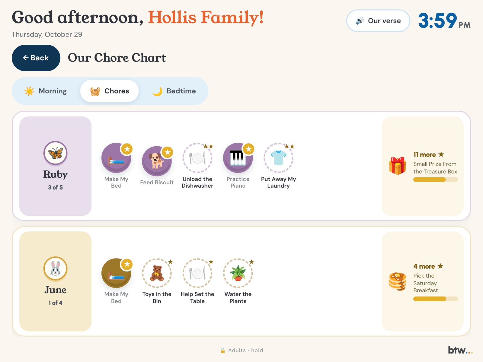 The btw Kids' Board on a tablet: Ruby's and June's chores in pictures, with stars earned toward a reward each one chose